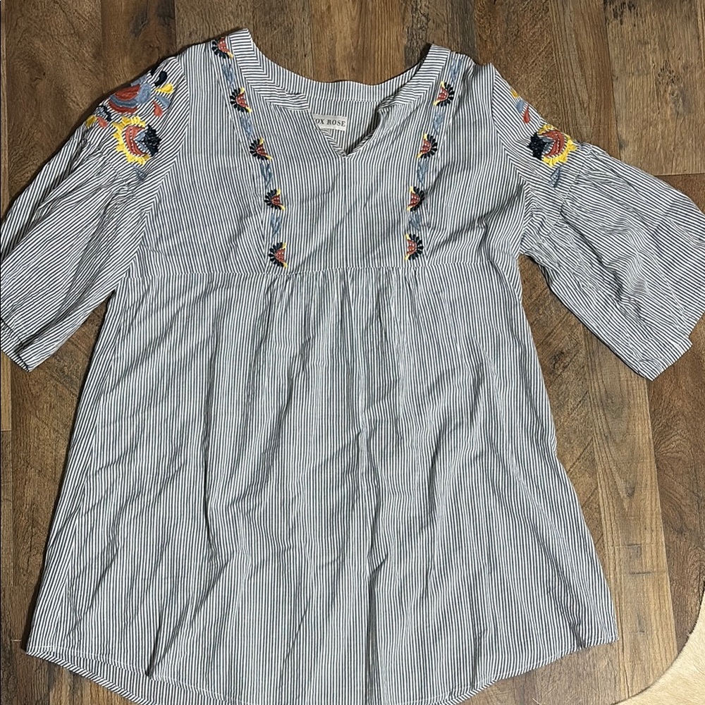 Knox Rose Blue and White Striped Top with Embroidery